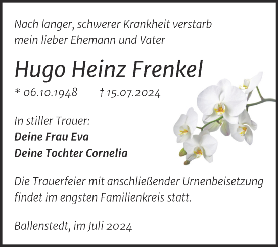 Traueranzeige von Hugo Heinz Frenkel von Trauerkombi Quedlinburg