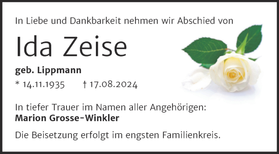Traueranzeige von Ida Zeise von Trauerkombi Mansfelder Land