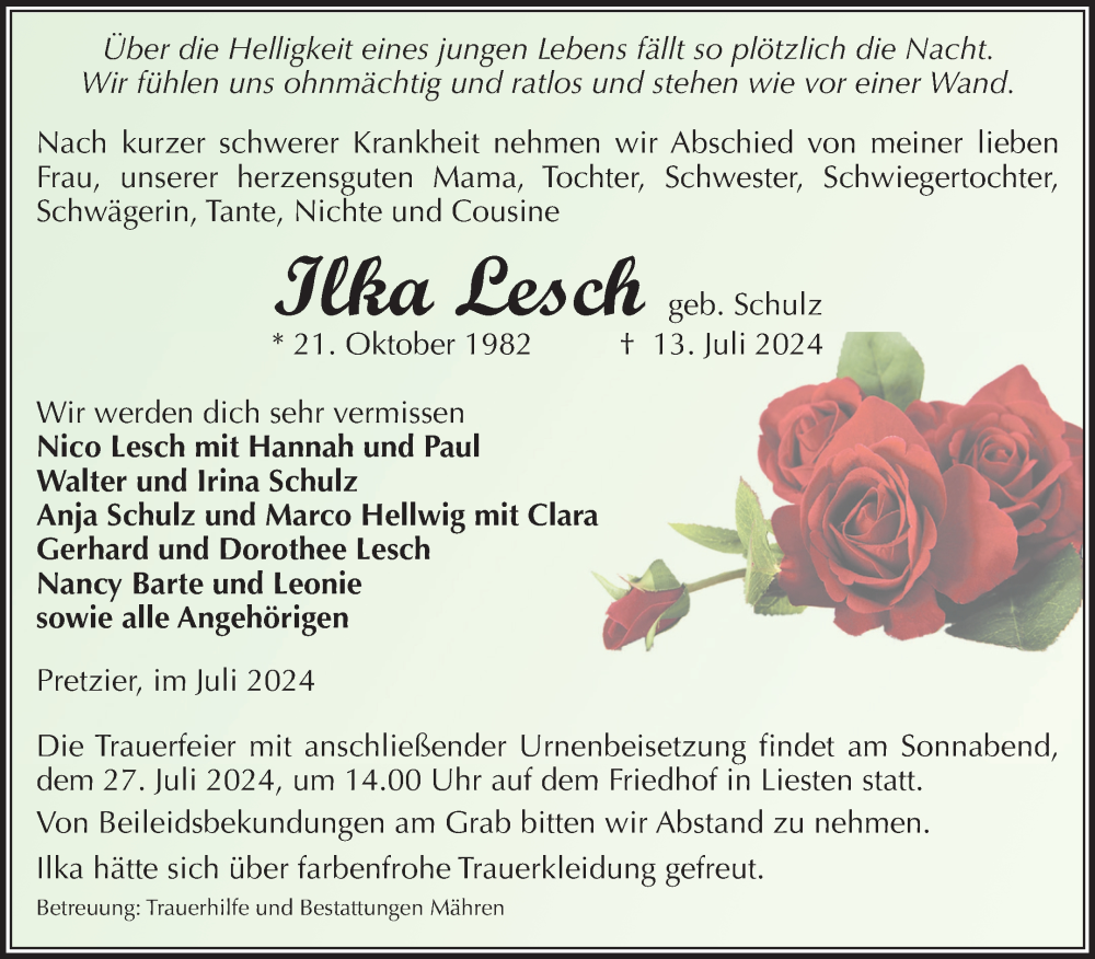  Traueranzeige für Ilka Lesch vom 17.07.2024 aus Volksstimme Altmark West