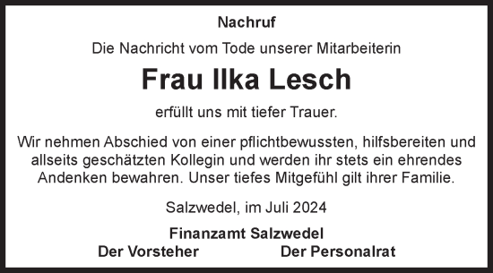 Traueranzeige von Ilka Lesch von Volksstimme Altmark West