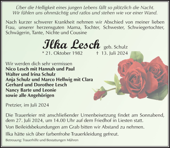 Traueranzeige von Ilka Lesch von Volksstimme Altmark West