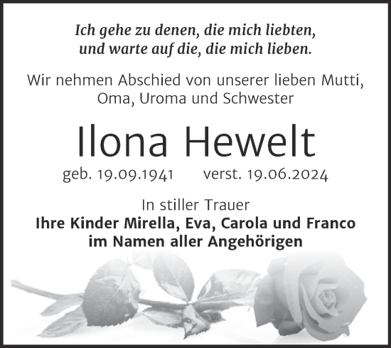 Traueranzeige von Ilona Hewelt von Trauerkombi Weißenfels