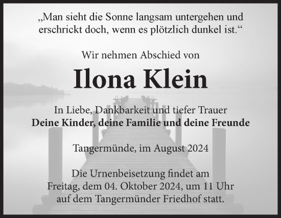 Traueranzeige von Ilona Klein von Volksstimme Altmark Ost