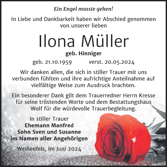 Traueranzeige von Ilona Müller von Trauerkombi Weißenfels