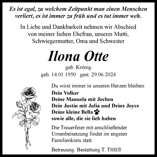 Traueranzeige von Ilona Otte von Volksstimme Wernigerode