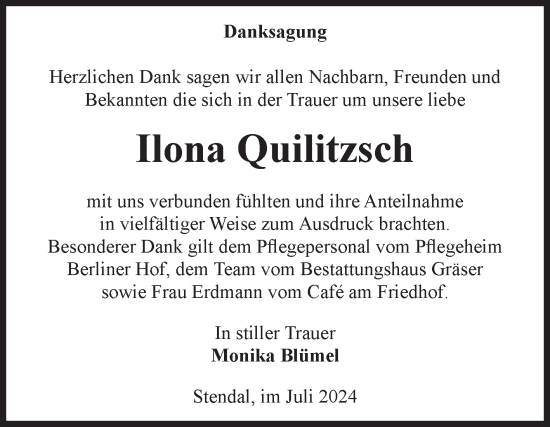 Traueranzeige von Ilona Quilitzsch von Volksstimme Altmark Ost