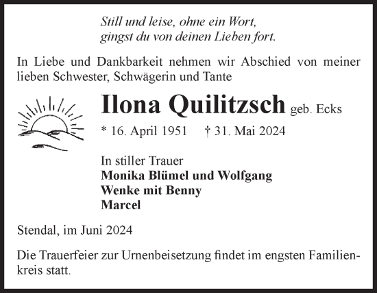 Traueranzeige von Ilona Quilitzsch von Volksstimme Altmark Ost