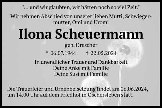 Traueranzeige von Ilona Scheuermann von Volksstimme Oschersleben/Wanzleben