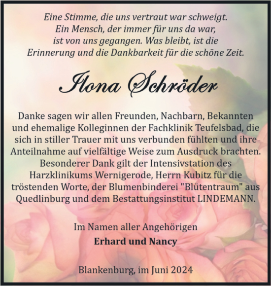 Traueranzeige von Ilona Schröder von Volksstimme Wernigerode