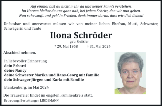 Traueranzeige von Ilona Schröder von Volksstimme Wernigerode