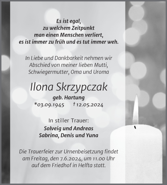 Traueranzeige von Ilona Skrzypczak von Trauerkombi Mansfelder Land