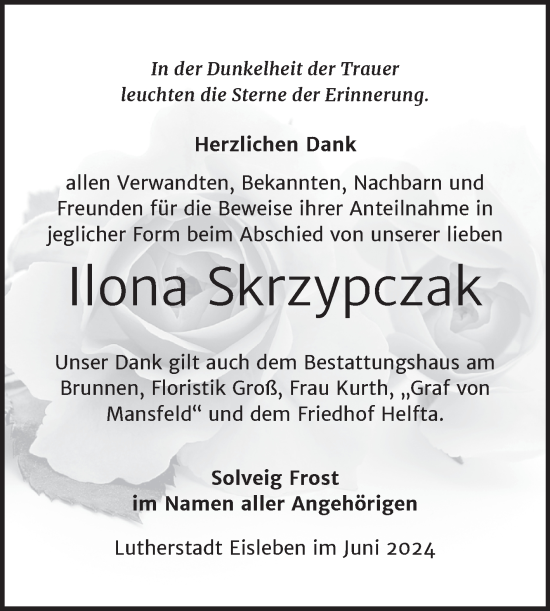 Traueranzeige von Ilona Skrzypczak von Trauerkombi Mansfelder Land