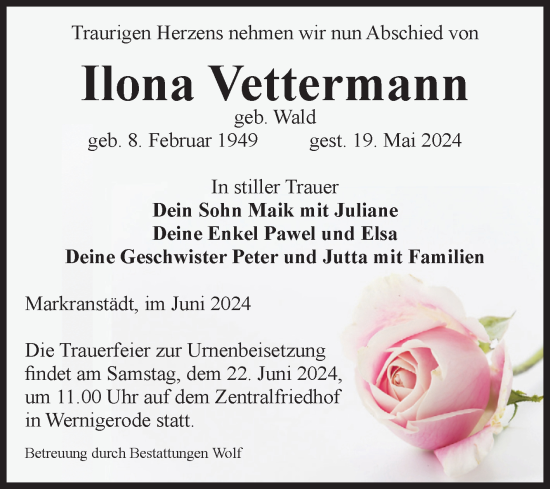 Traueranzeige von Ilona Vettermann von Volksstimme Wernigerode