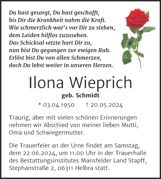 Traueranzeige von Ilona Wieprich von Trauerkombi Mansfelder Land