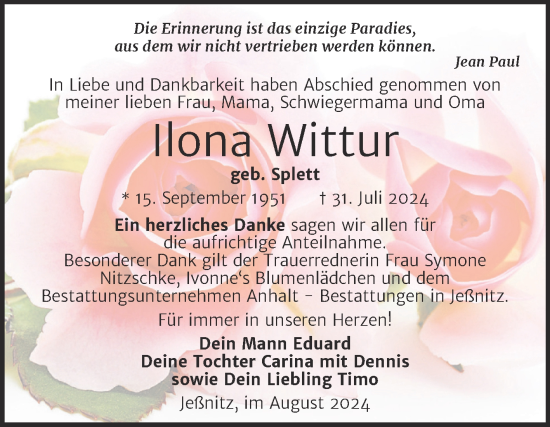 Traueranzeige von Ilona Wittur von Trauerkombi Bitterfeld