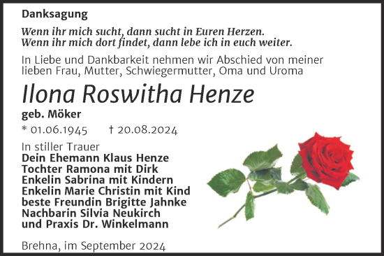 Traueranzeige von Ilona Roswitha Henze von Mitteldeutsche Zeitung Bitterfeld