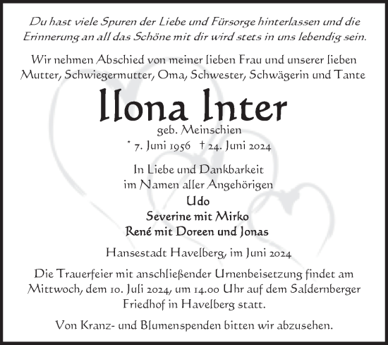 Traueranzeige von Ilone Inter von Volksstimme Altmark Ost