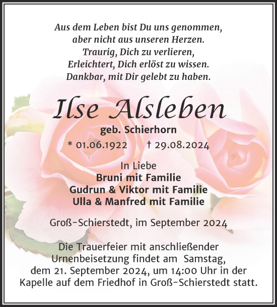 Traueranzeige von Ilse Alsleben von Trauerkombi Aschersleben