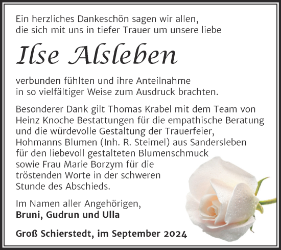 Traueranzeige von Ilse Alsleben von Trauerkombi Aschersleben