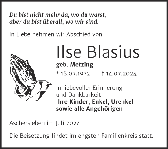 Traueranzeige von Ilse Blasius von Trauerkombi Aschersleben