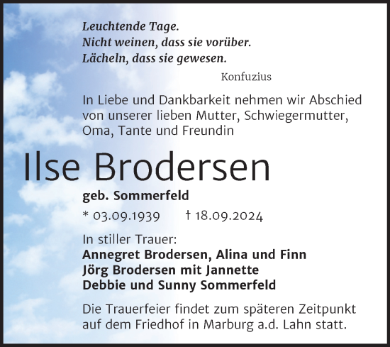 Traueranzeige von Ilse Brodersen von Mitteldeutsche Zeitung Halle/Saalkreis