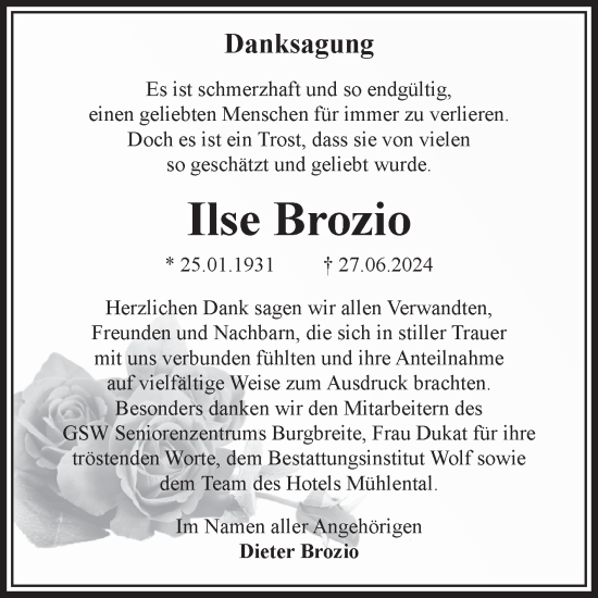 Traueranzeige von Ilse Brozio von Volksstimme Wernigerode