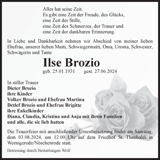 Traueranzeige von Ilse Brozio von Volksstimme Wernigerode
