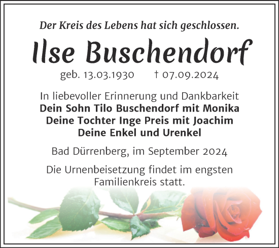 Traueranzeige von Ilse Buschendorf von Trauerkombi Merseburg