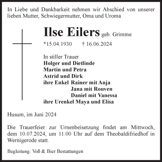 Traueranzeige von Ilse Eilers von Volksstimme Wernigerode