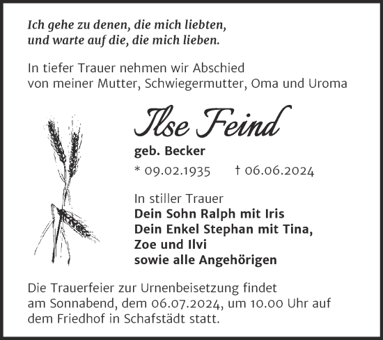 Traueranzeige von Ilse Feind von Trauerkombi Merseburg