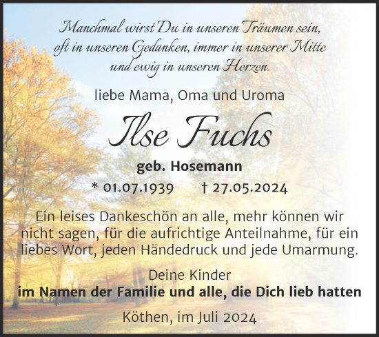 Traueranzeige von Ilse Fuchs von Trauerkombi Köthen