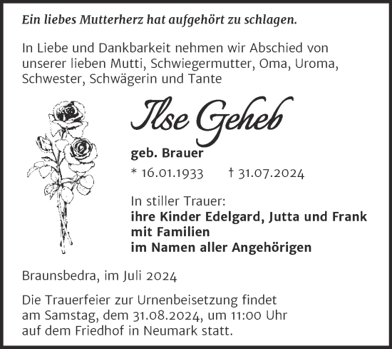 Traueranzeige von Ilse Geheb von Trauerkombi Merseburg