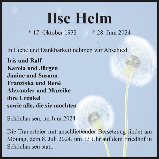Traueranzeige von Ilse Helm von Volksstimme Altmark Ost