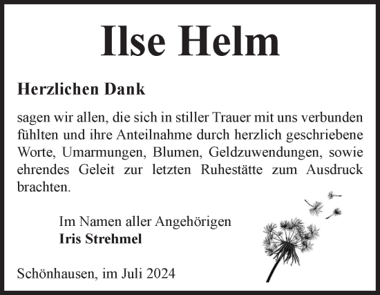 Traueranzeige von Ilse Helm von Volksstimme Altmark Ost