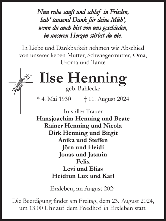 Traueranzeige von Ilse Henning von Volksstimme Altmark Ost