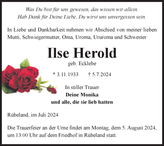 Traueranzeige von Ilse Herold von Volksstimme Wernigerode