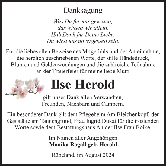 Traueranzeige von Ilse Herold von Volksstimme Wernigerode