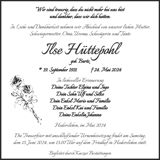 Traueranzeige von Ilse Hüttepohl von Trauerkombi Quedlinburg