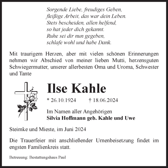 Traueranzeige von Ilse Kahle von Volksstimme Altmark West