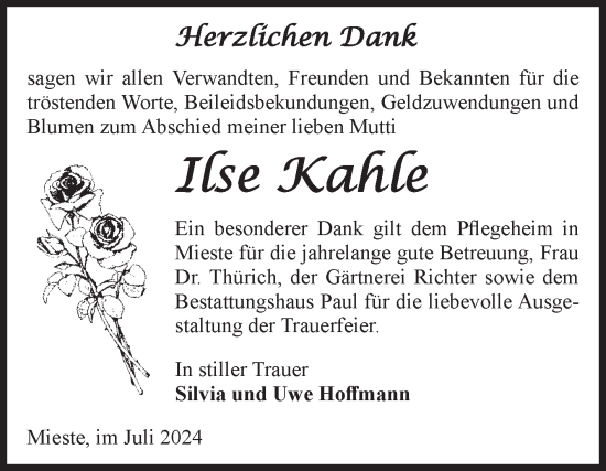 Traueranzeige von Ilse Kahle von Volksstimme Altmark West