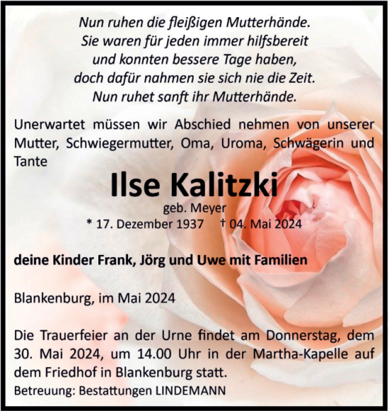 Traueranzeige von Ilse Kalitzki von Volksstimme Wernigerode