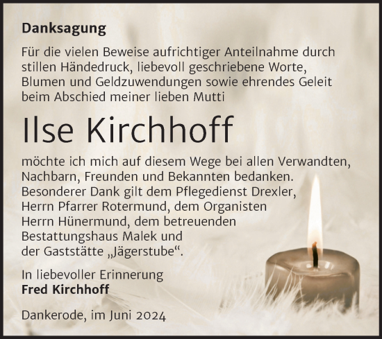 Traueranzeige von Ilse Kirchhoff von Trauerkombi Quedlinburg