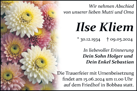 Traueranzeige von Ilse Kliem von Trauerkombi Bitterfeld