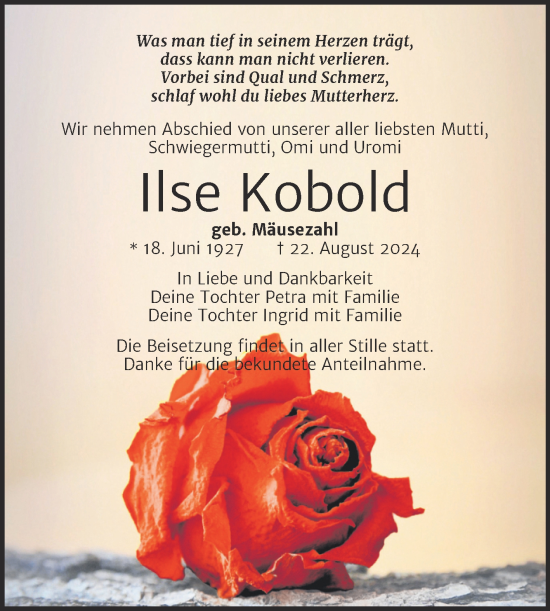 Traueranzeige von Ilse Kobold von Trauerkombi Weißenfels
