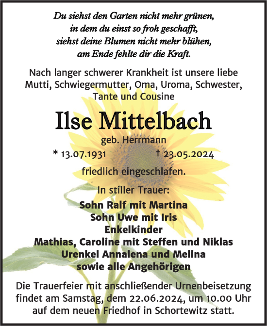 Traueranzeige von Ilse Mittelbach von Trauerkombi Köthen
