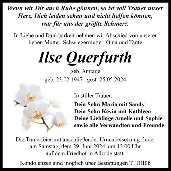 Traueranzeige von Ilse Querfurth von Trauerkombi Quedlinburg