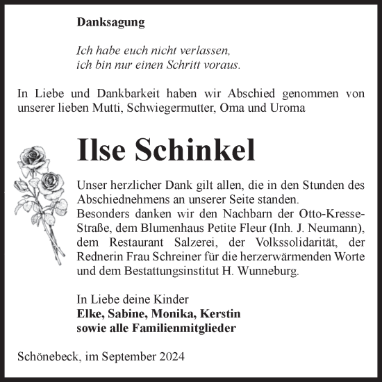 Traueranzeige von Ilse Schinkel von Volksstimme Schönebeck
