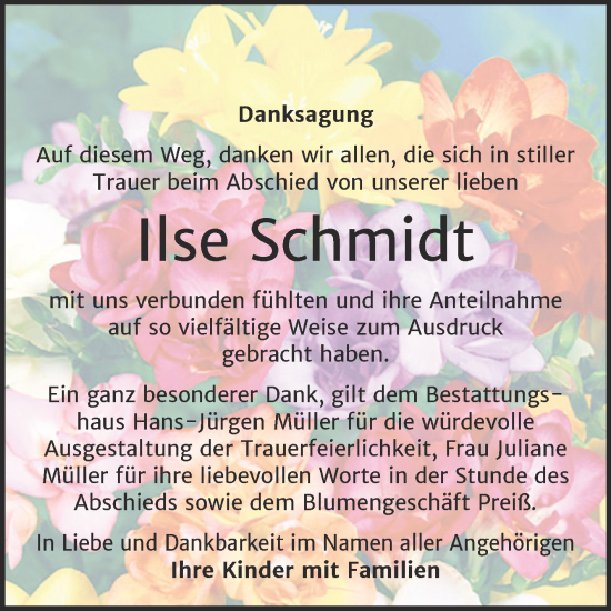 Traueranzeige von Ilse Schmidt von Trauerkombi Aschersleben