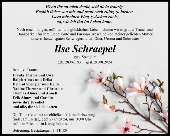 Traueranzeige von Ilse Schraepel von Volksstimme Wernigerode