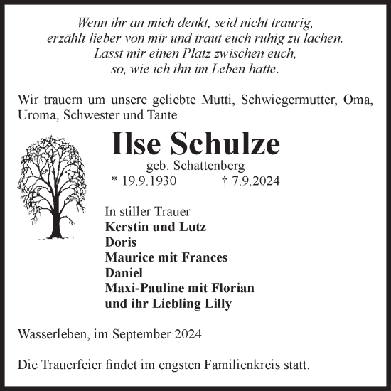 Traueranzeige von Ilse Schulze von Volksstimme Wernigerode